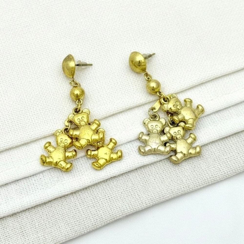 Lightweight Vintage Teddy Bear Cluster Earrings Post Dangles Gold Tone